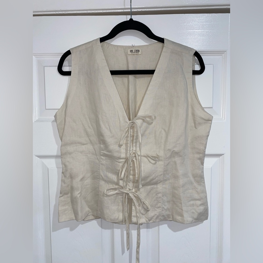 SOL LINEN Natural Linen Tie-Front Top (M/L)